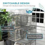 61"H Divided Breeder Bird Cage with Rolling Stand Removable Metal Tray, Storage Shelf, Wood Perch, and Food Container, Dark Grey