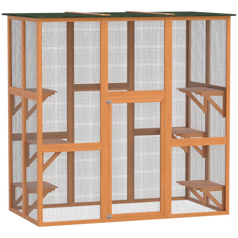 71" x 39" x 71" Cat Cage, Large Outdoor Wooden Cat Patio with 6 Balanced Platforms and Asphalt Roof, Orange