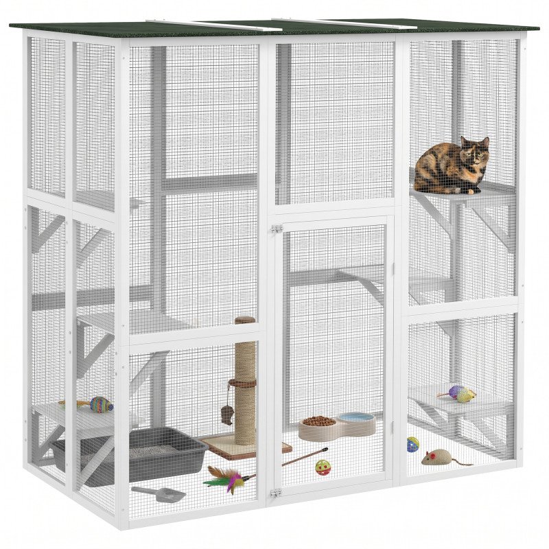 Large Outdoor Catio Enclosure, Wooden Cat Patio with 6 Balanced Platforms and Asphalt Roof, 70.9" x 38.6" x 70.9", White