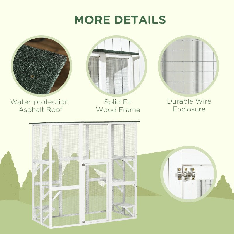 Large Outdoor Catio Enclosure, Wooden Cat Patio with 6 Balanced Platforms and Asphalt Roof, 70.9" x 38.6" x 70.9", White