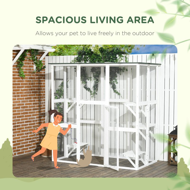 Large Outdoor Catio Enclosure, Wooden Cat Patio with 6 Balanced Platforms and Asphalt Roof, 70.9" x 38.6" x 70.9", White