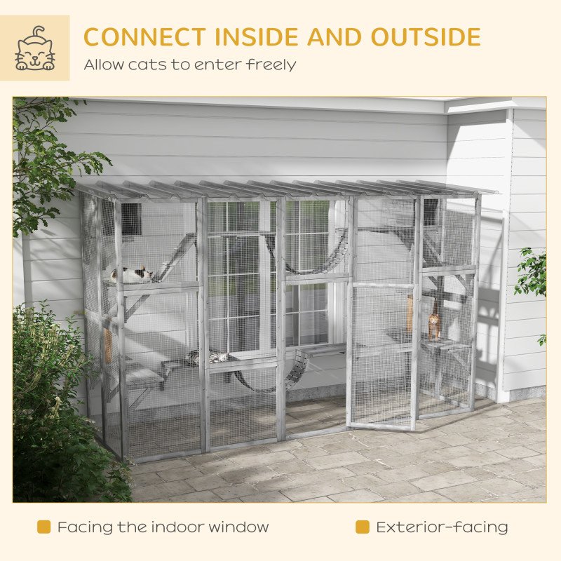 Large Outdoor Catio with Condos, Platforms, Doors, Ladders, Weather-Resistant Roof, Grey