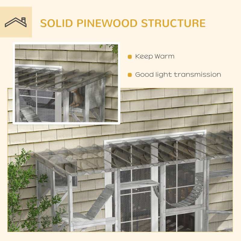 Large Outdoor Catio with Condos, Platforms, Doors, Ladders, Weather-Resistant Roof, Grey