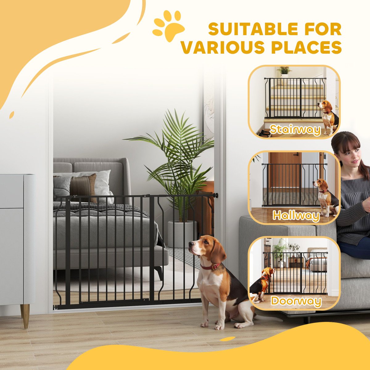 30"- 45" Easy Install Pet Gate w/ Door & Double Locking System, Extra Wide Dog Gate for Stairs, Hallways, Black