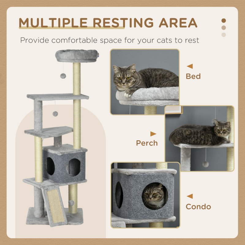 57.5" Cat Tree with Scratching Posts, Large Cat Tower for Indoor Cats with Bed, House, Toys, Grey