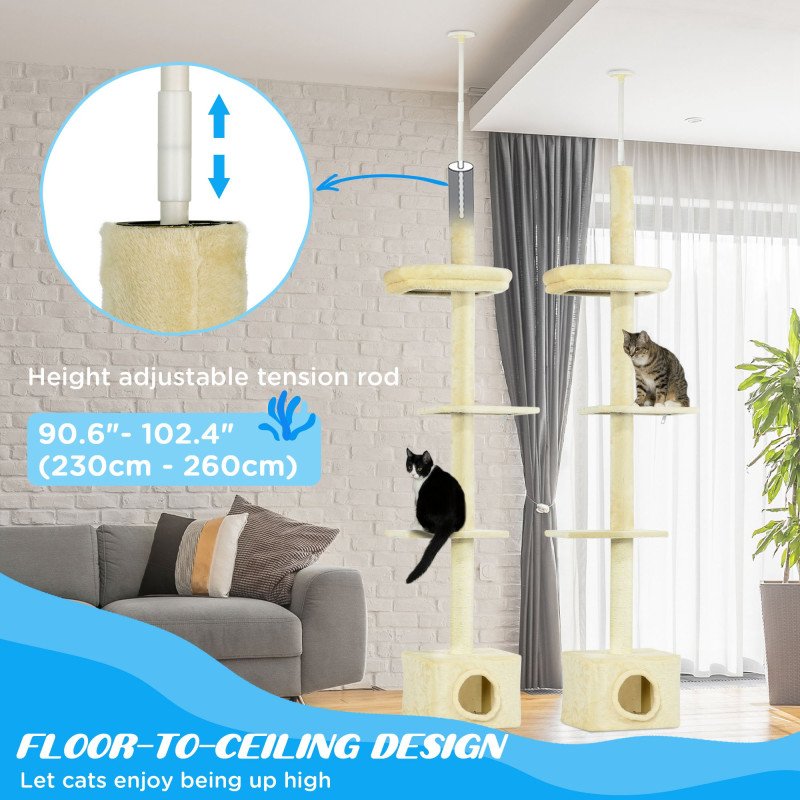 Floor to Ceiling Cat Tree with Scratching Post for Indoor Cats, Adjustable Height Cat Tower (91-102 Inches) with House, Bed, Beige