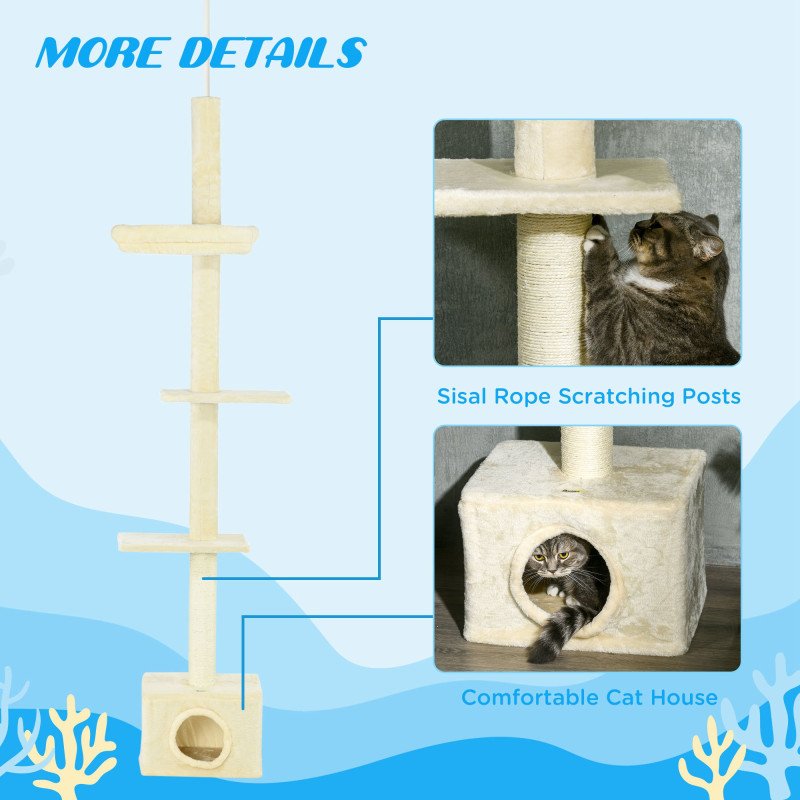 Floor to Ceiling Cat Tree with Scratching Post for Indoor Cats, Adjustable Height Cat Tower (91-102 Inches) with House, Bed, Beige