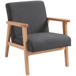 Mid-Century Modern Accent Chair Retro Fabric Armchair Wooden Arm Upholstered Lounge Chair for Living Room Grey