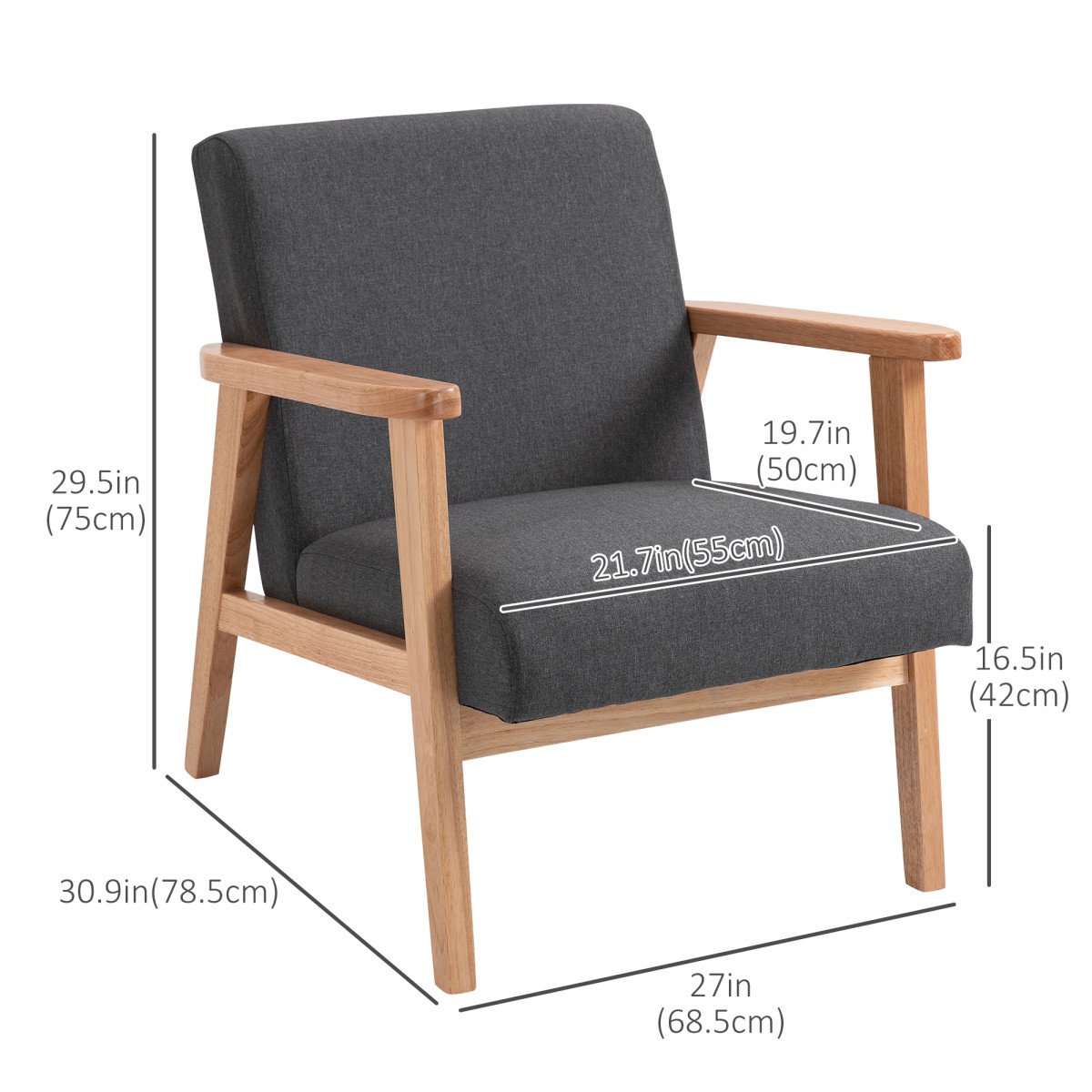Mid-Century Modern Accent Chair Retro Fabric Armchair Wooden Arm Upholstered Lounge Chair for Living Room Grey