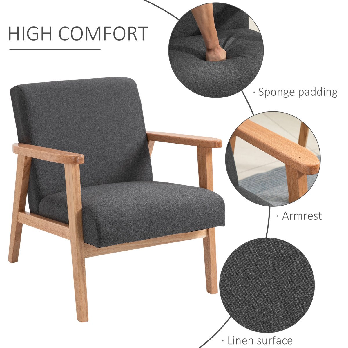 Mid-Century Modern Accent Chair Retro Fabric Armchair Wooden Arm Upholstered Lounge Chair for Living Room Grey