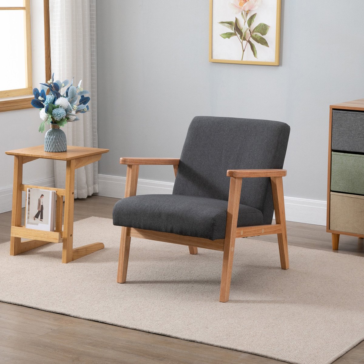 Mid-Century Modern Accent Chair Retro Fabric Armchair Wooden Arm Upholstered Lounge Chair for Living Room Grey