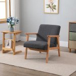 Mid-Century Modern Accent Chair Retro Fabric Armchair Wooden Arm Upholstered Lounge Chair for Living Room Grey