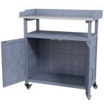 Outdoor Wooden Potting Bench with Storage Cabinet, Aluminum Tabletop, Rubber Wheels for Backyard, Patio, Balcony, Grey