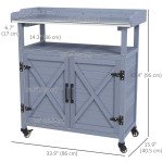 Outdoor Wooden Potting Bench with Storage Cabinet, Aluminum Tabletop, Rubber Wheels for Backyard, Patio, Balcony, Grey