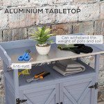Outdoor Wooden Potting Bench with Storage Cabinet, Aluminum Tabletop, Rubber Wheels for Backyard, Patio, Balcony, Grey