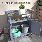 Outdoor Wooden Potting Bench with Storage Cabinet, Aluminum Tabletop, Rubber Wheels for Backyard, Patio, Balcony, Grey