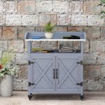 Outdoor Wooden Potting Bench with Storage Cabinet, Aluminum Tabletop, Rubber Wheels for Backyard, Patio, Balcony, Grey