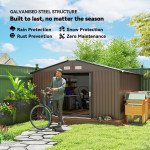 11' x 13' Outdoor Metal Storage Shed Large Tool House with Weatherproof Construction, Vent, Foundation Kit, Brown