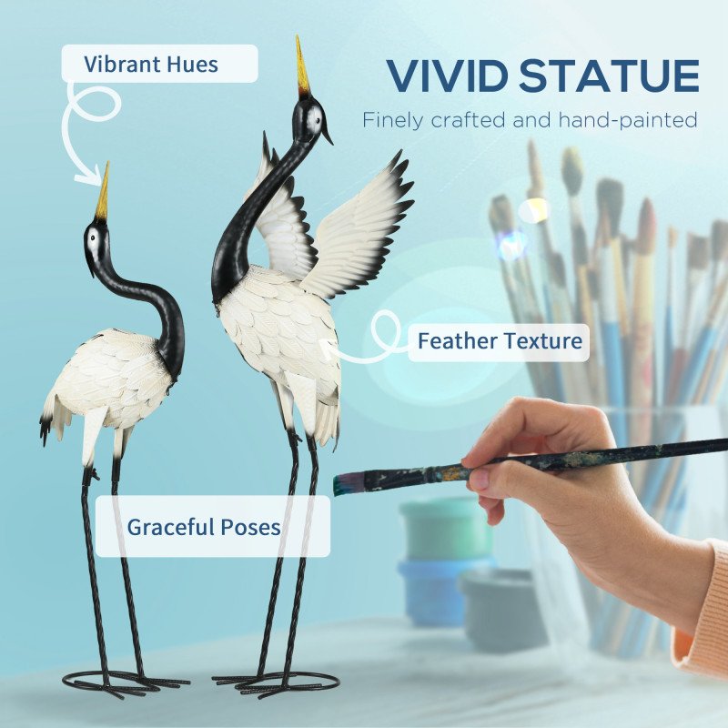 Set of 2 Garden Sculptures Heron Statues Lawn Patio Backyard Ornaments, 35.4"-40.6", White and Black