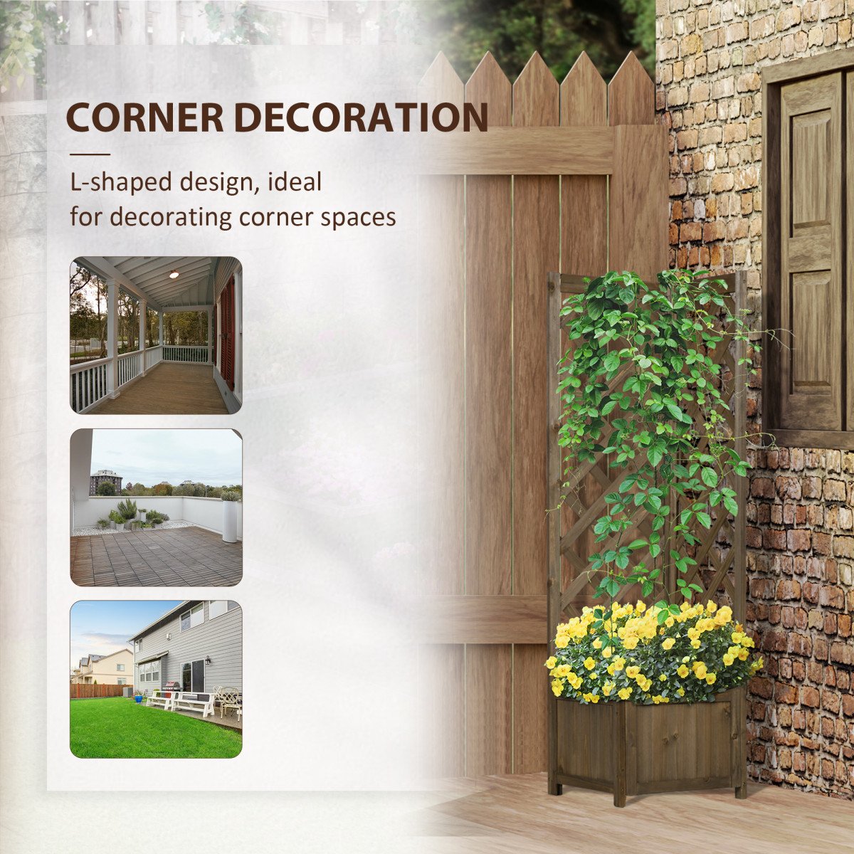 Raised Garden Bed Wood Planter with Trellis for Vine Climbing, 16" x 16" x 57", Carbonized