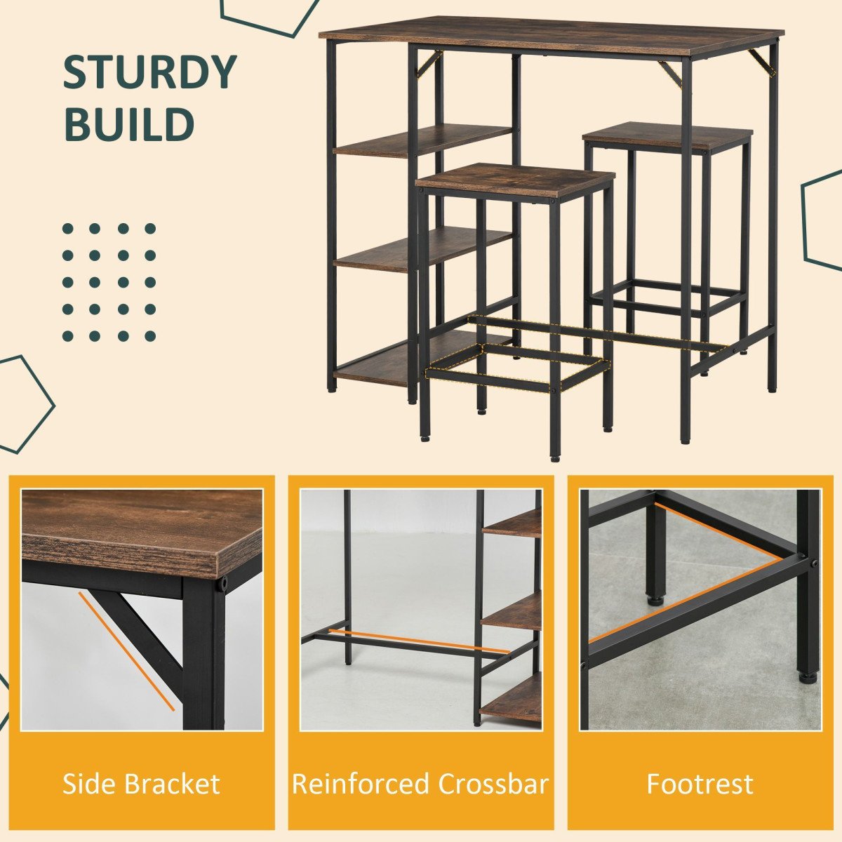 Industrial Dining Table Set for 2, Bar Table and Stools Set, Counter Height Kitchen Table with Chairs with Storage Shelf, Rustic Brown
