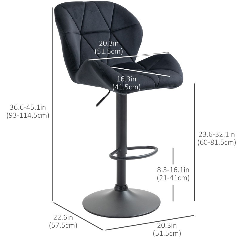Bar Stool Set of 2 Fabric Adjustable Height Armless Upholstered Counter Chairs with Swivel Seat, Black