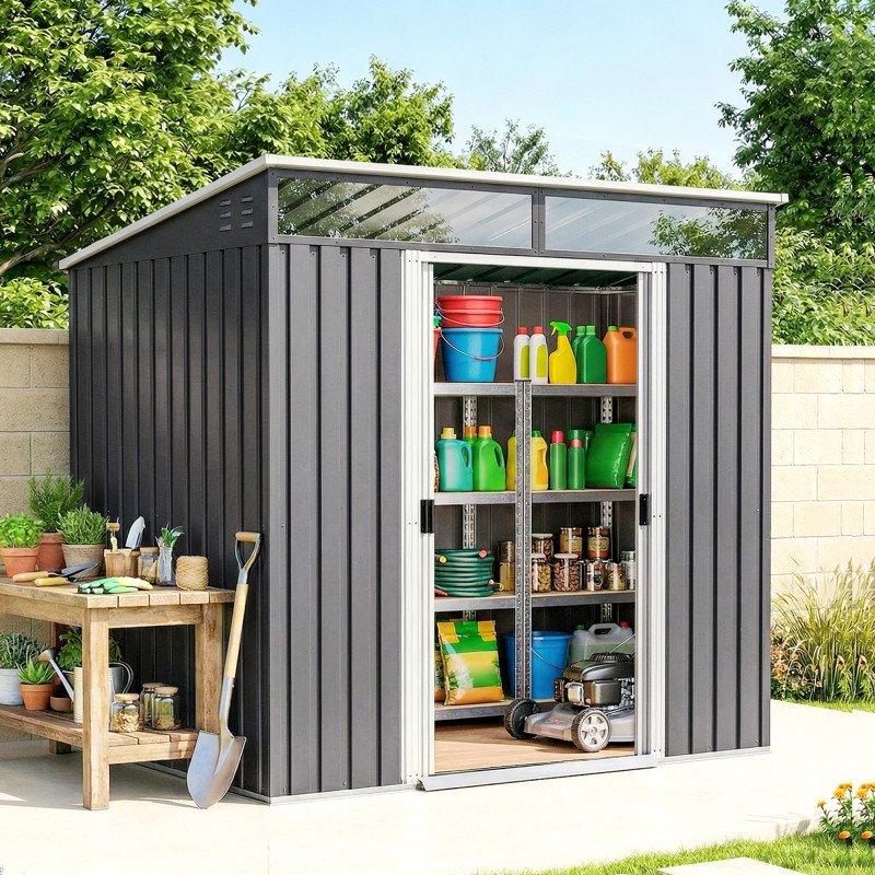 6.5x4FT Galvanised Metal Shed with Foundation Kit, Lockable Garden Tool Storage House with Sliding Doors, Vents, Grey