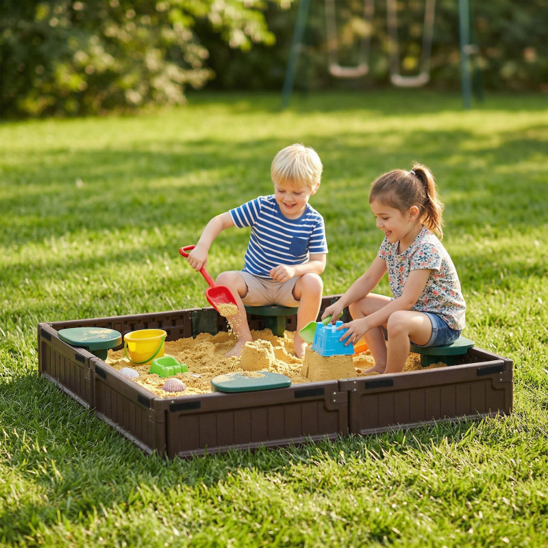 Kids Outdoor Sandbox with Canopy, Bottom Fabric Liner, Brown