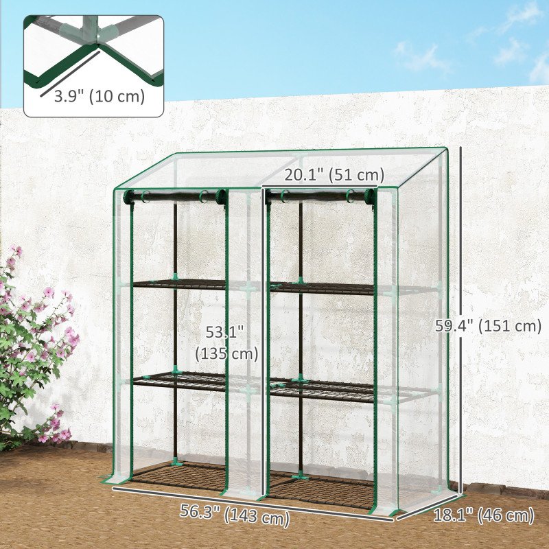 Portable Mini Greenhouse Green House with 3 Tier Shelves, Reinforced Cover, Roll-up Doors, 56.3" x 18.1" x 59.4"