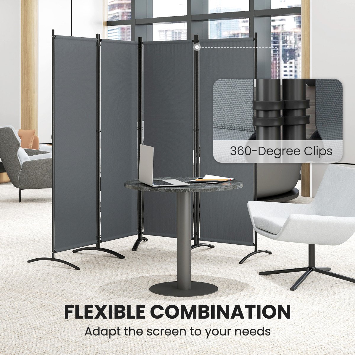 Folding Room Divider, Privacy Screen for Home Office Bedroom, 5.6FT Tall, Dark Grey