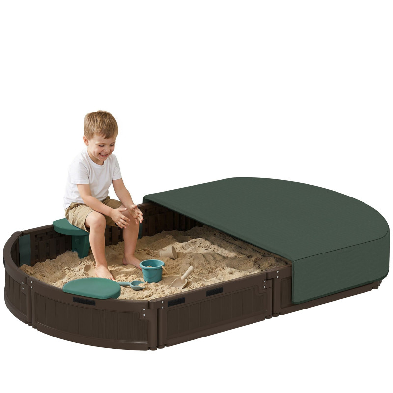 Kids Sandbox with Cover, Seat, Sandbox Outdoor for Backyard, Brown
