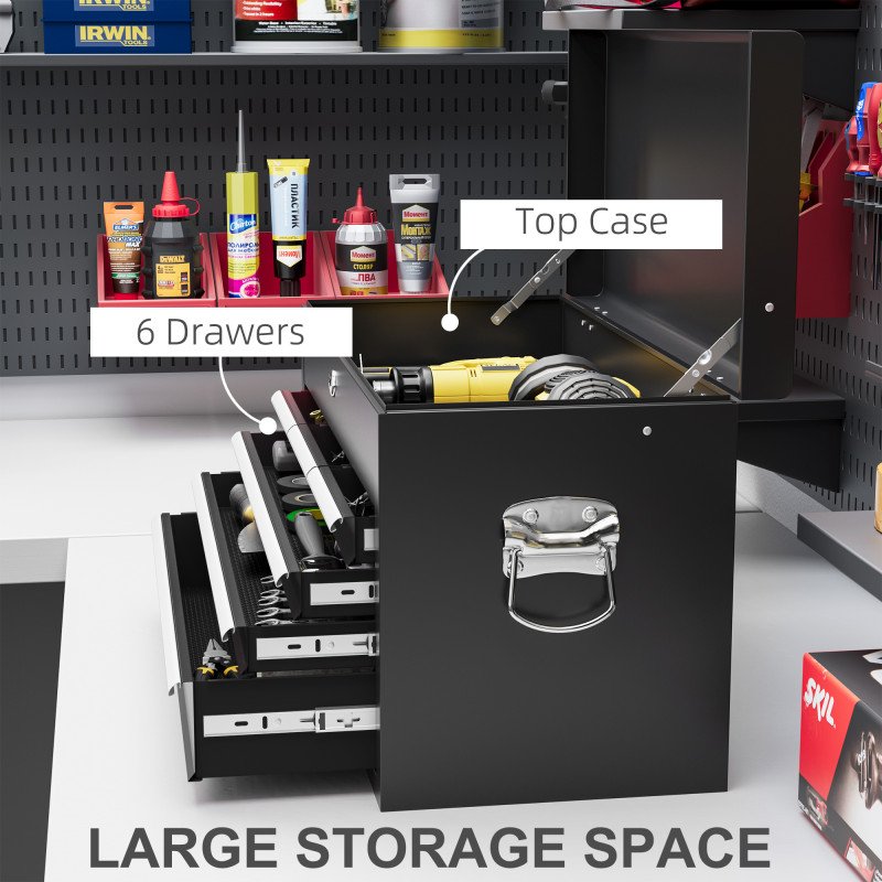 6 Drawer 24" Portable Tool Box with Top Case, Ball Bearing Slides, Metal Tool Chest for Garage, Household and Warehouse