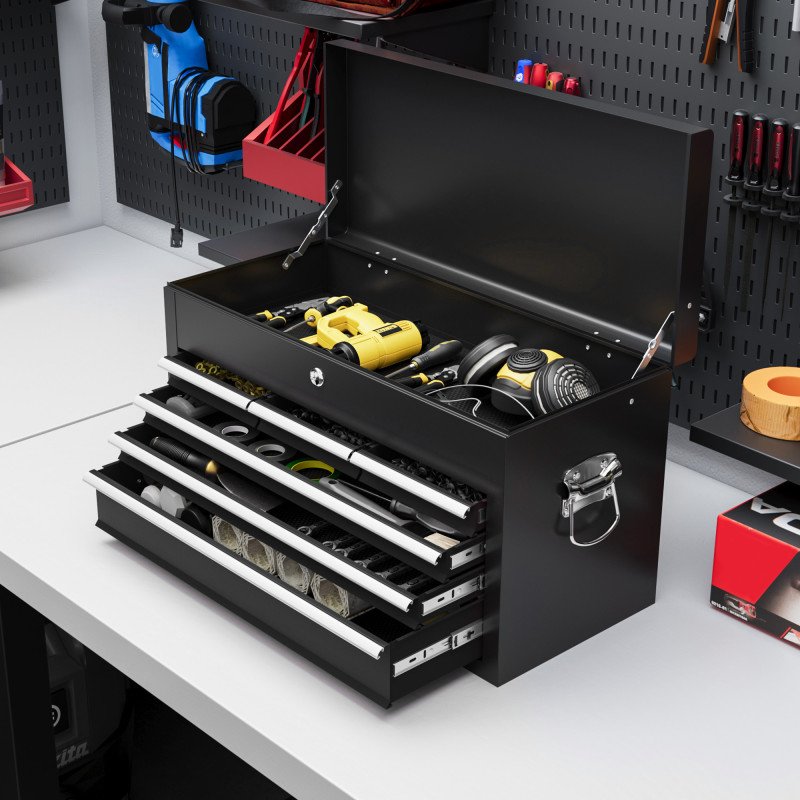 6 Drawer 24" Portable Tool Box with Top Case, Ball Bearing Slides, Metal Tool Chest for Garage, Household and Warehouse