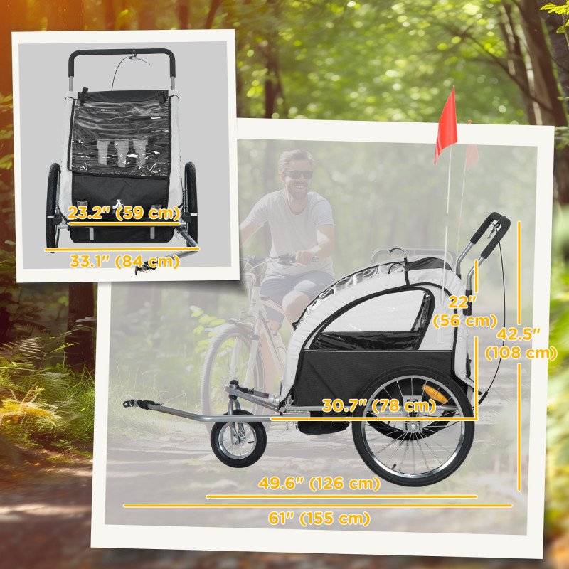 Aosom 2-in-1 Bike Trailer for Kids, Foldable 2-Seat Baby Stroller with 5-Point Harness, Rubber Wheels, Storage Bag, Black