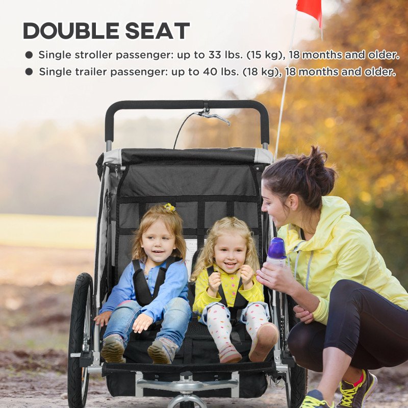 Aosom 2-in-1 Bike Trailer for Kids, Foldable 2-Seat Baby Stroller with 5-Point Harness, Rubber Wheels, Storage Bag, Black