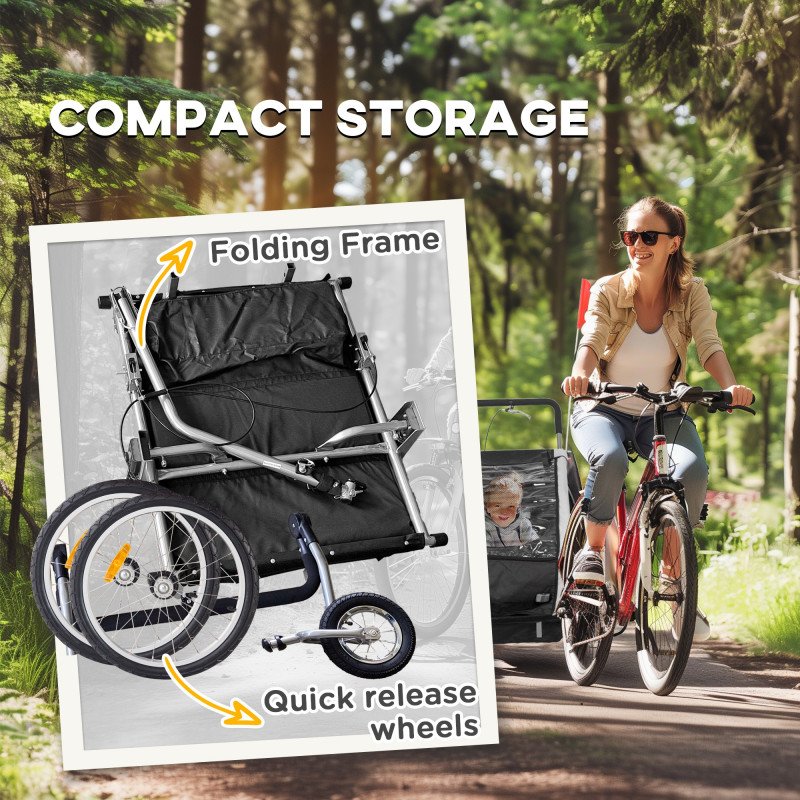 Aosom 2-in-1 Bike Trailer for Kids, Foldable 2-Seat Baby Stroller with 5-Point Harness, Rubber Wheels, Storage Bag, Black