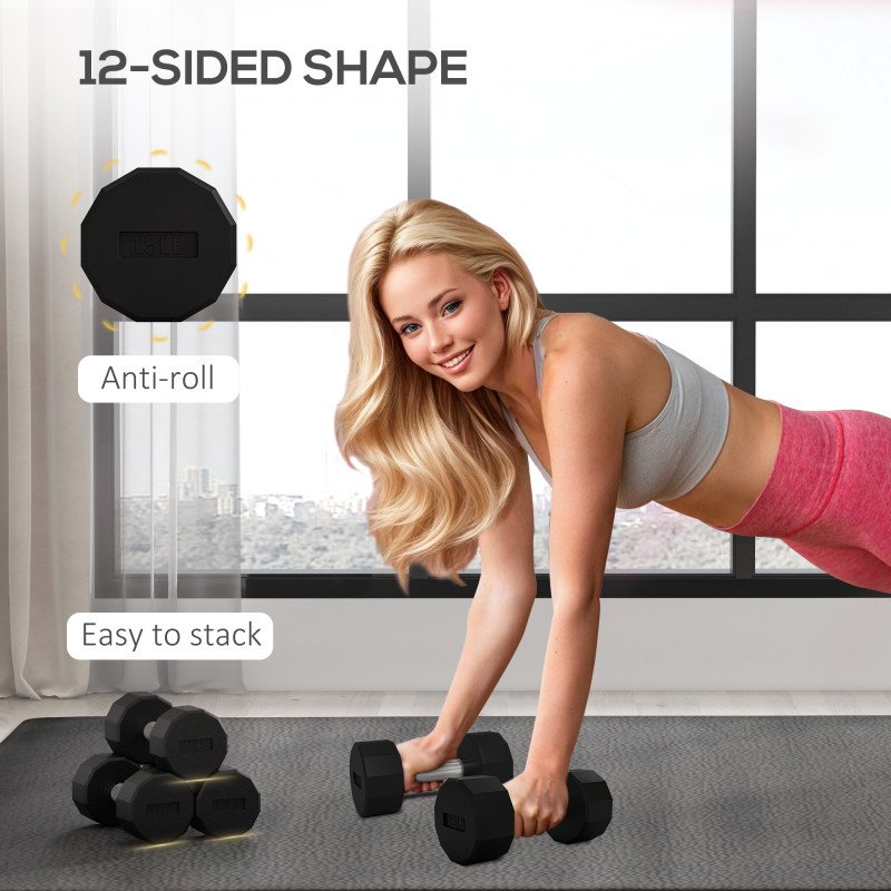 Soozier 2 x 15lbs Dumbbells Set with Non-Slip Grip, Rubber Covered Weights for Men Women Home Gym Workout
