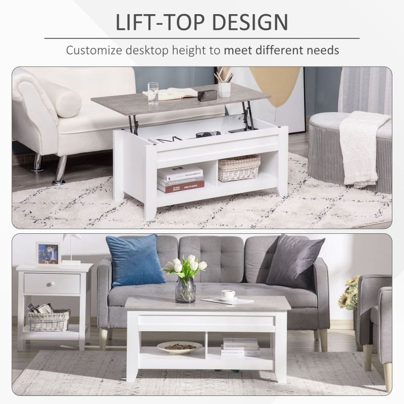 Lift Top Coffee Table with Hidden Storage Compartment and Open Shelves, Lift Tabletop Pop-Up Center Table for Living Room, White