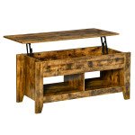 Lift Top Coffee Table with Hidden Storage Compartment and Open Shelves, Lift Tabletop Pop-Up Center Table for Living Room, Brown