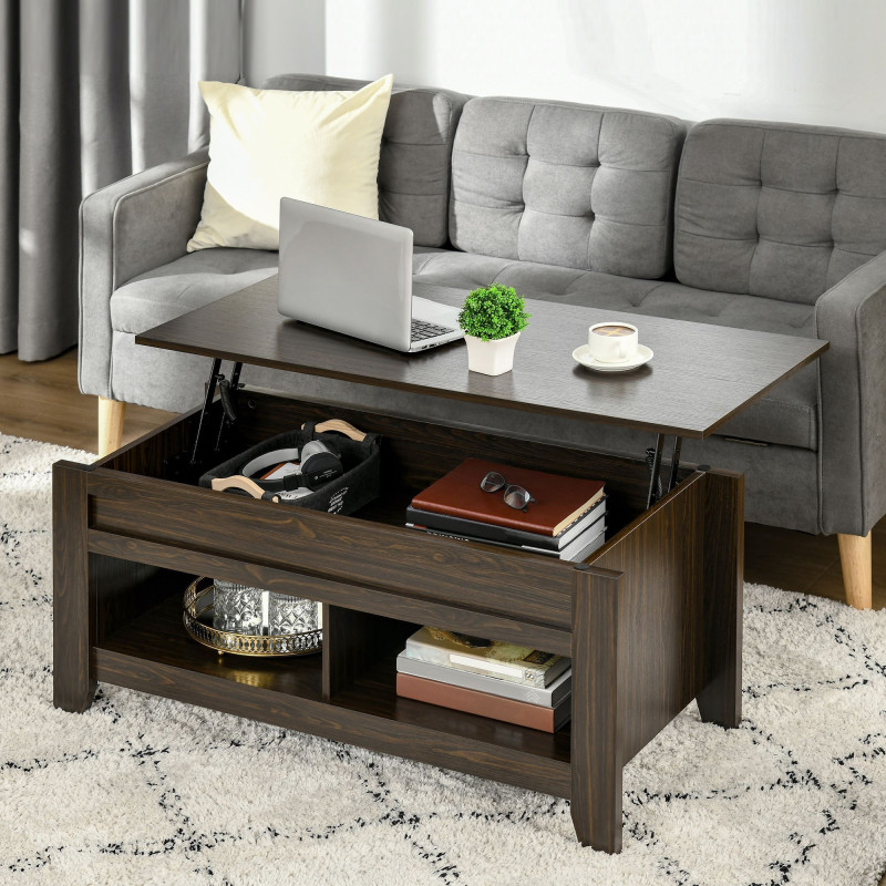 Lift Top Coffee Table with Hidden Storage Compartment and Open Shelves, Lift Tabletop Pop-Up Center Table for Living Room, Dark Walnut