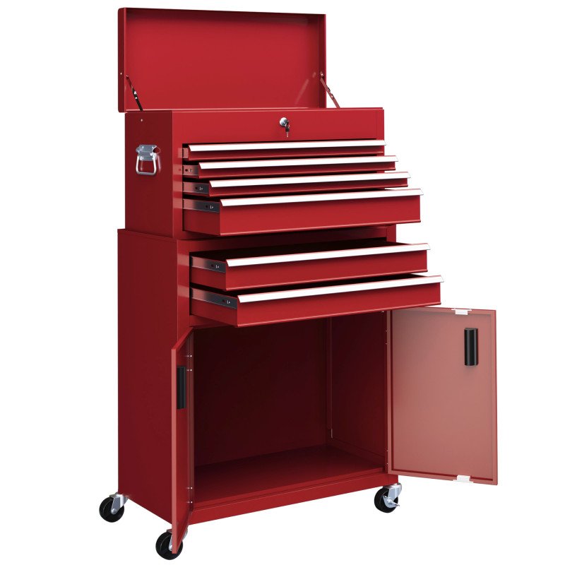 6-Drawer Rolling Tool Chest, 2 in 1 Lockable Storage Cabinet with Hooks, Metal Tool Box for Garage, Workshop, Red