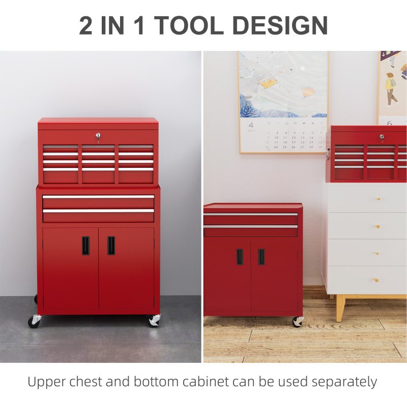 6-Drawer Rolling Tool Chest, 2 in 1 Lockable Storage Cabinet with Hooks, Metal Tool Box for Garage, Workshop, Red