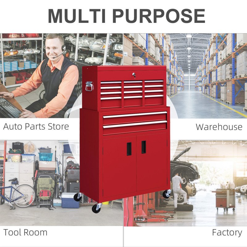 6-Drawer Rolling Tool Chest, 2 in 1 Lockable Storage Cabinet with Hooks, Metal Tool Box for Garage, Workshop, Red