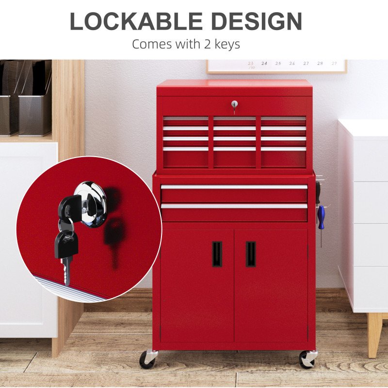 6-Drawer Rolling Tool Chest, 2 in 1 Lockable Storage Cabinet with Hooks, Metal Tool Box for Garage, Workshop, Red