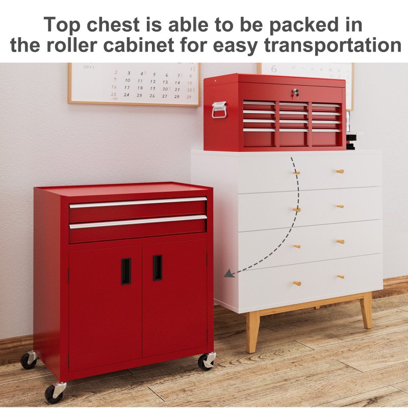 6-Drawer Rolling Tool Chest, 2 in 1 Lockable Storage Cabinet with Hooks, Metal Tool Box for Garage, Workshop, Red