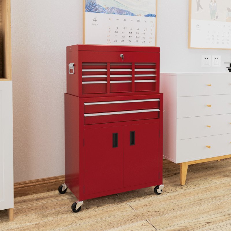 6-Drawer Rolling Tool Chest, 2 in 1 Lockable Storage Cabinet with Hooks, Metal Tool Box for Garage, Workshop, Red