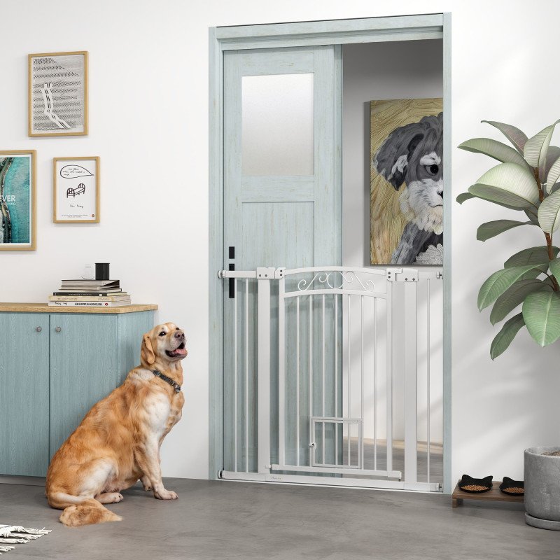 Dog Gate, Walk Through Pet Gate w/ Small Pet Door, Auto Close, for Doorways, House, Stair, 30"-41" W x 38" H