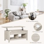 Lift Top Coffee Table with Hidden Storage Compartment and Open Shelves, Lift Tabletop Pop-Up Center Table for Living Room, Oak Effect