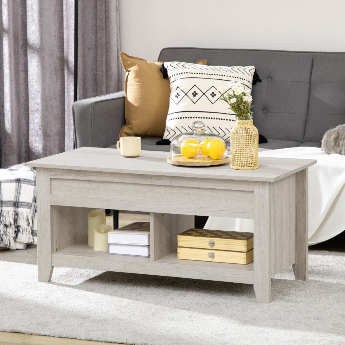 Lift Top Coffee Table with Hidden Storage Compartment and Open Shelves, Lift Tabletop Pop-Up Center Table for Living Room, Oak Effect