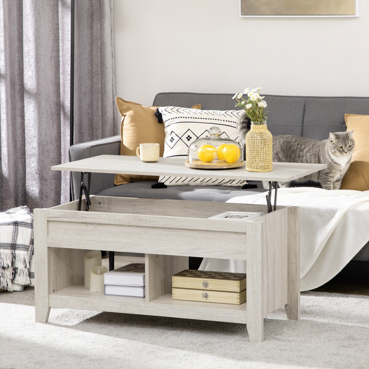 Lift Top Coffee Table with Hidden Storage Compartment and Open Shelves, Lift Tabletop Pop-Up Center Table for Living Room, Oak Effect